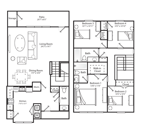 Floor plan for 4 beds, 2.5 baths, 1712 sqft